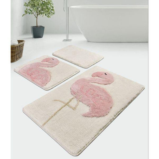 Pink Flamingo 3lü Set Banyo Halısı, Kaymaz Taban, Yıkanabilir Bonvagon