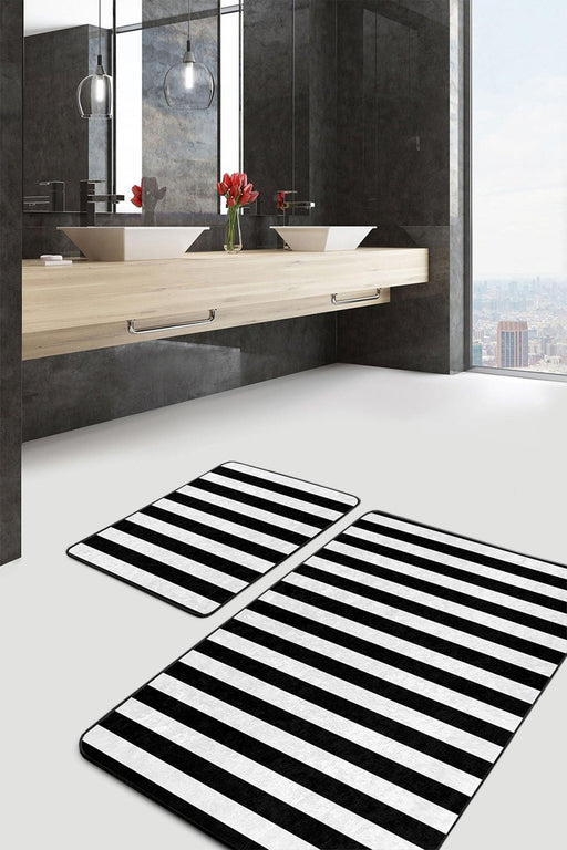 Siyah Beyaz Düz Çizgili Özel Tasarım 2li Banyo Halısı Takımı Kaymaz Taban Yıkanabilir Bonvagon