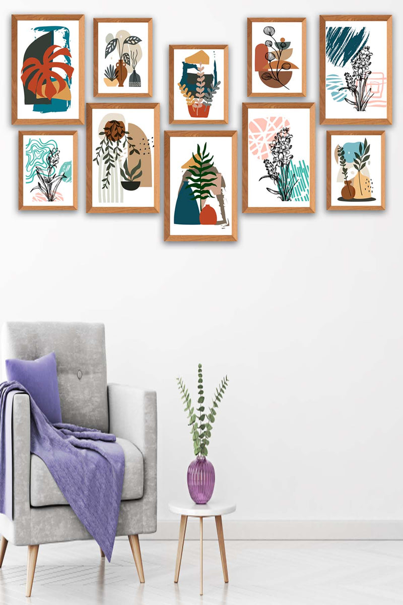 10 Parça Bohem Tarzında Ahşap Çerçeve Görünümlü Uv Baskı Mdf Ahşap Tablo Seti Bonvagon