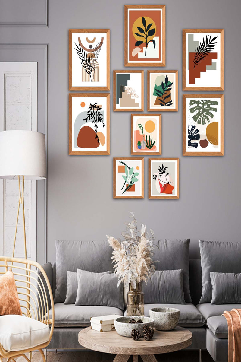 10 Parça Bohem Tarzında Ahşap Çerçeve Görünümlü Uv Baskı Mdf Tablo Seti Bonvagon