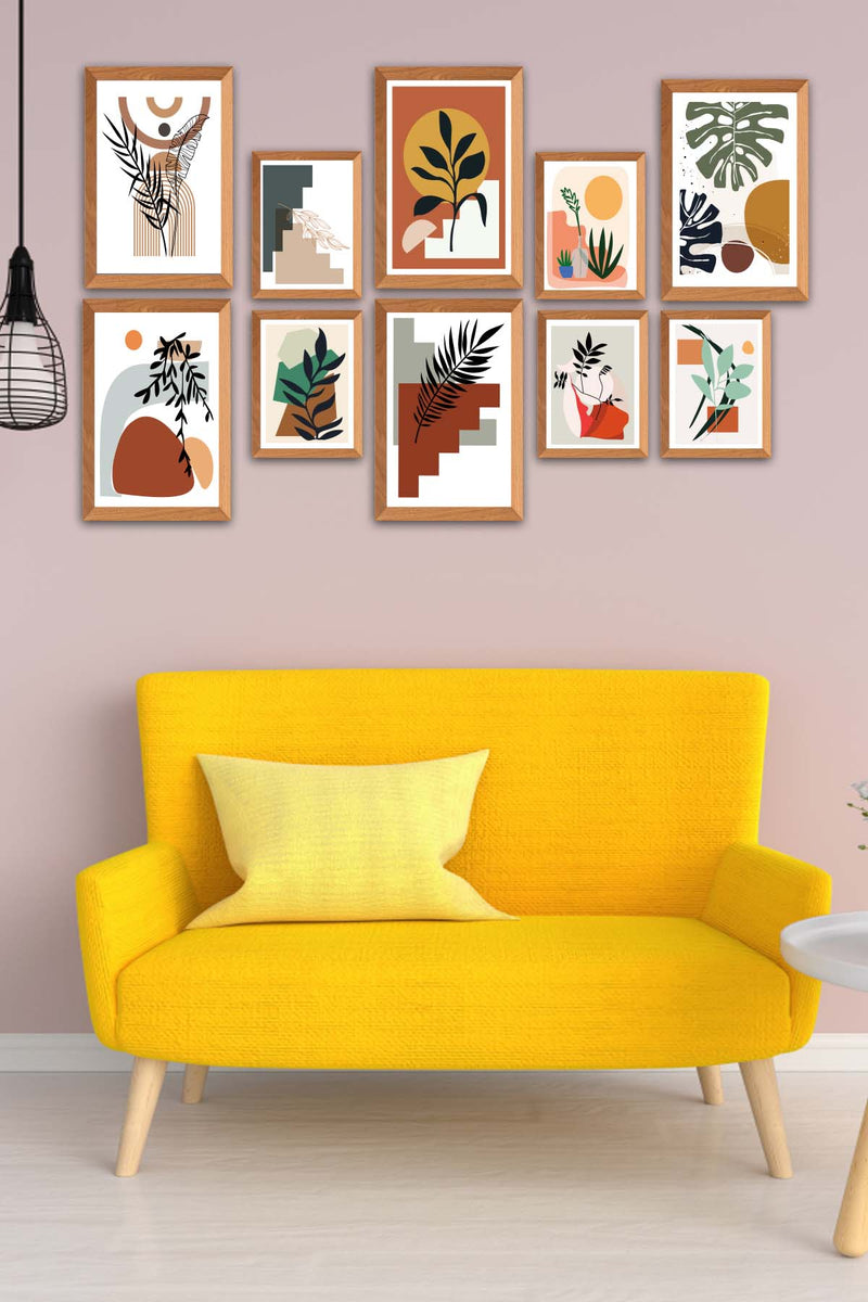 10 Parça Bohem Tarzında Ahşap Çerçeve Görünümlü Uv Baskı Mdf Tablo Seti Bonvagon