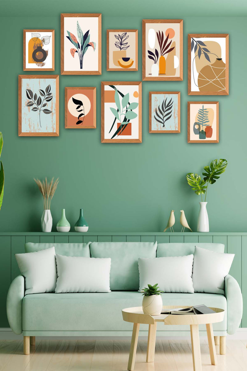 10 Parça Bohem Tarzında Sanatsal (Ahşap Çerçeve Görünümlü) Uv Baskı Mdf Tablo Seti Bonvagon