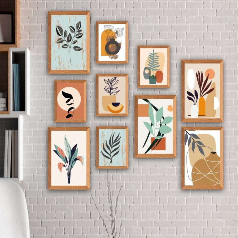 10 Parça Bohem Tarzında Sanatsal (Ahşap Çerçeve Görünümlü) Uv Baskı Mdf Tablo Seti Bonvagon