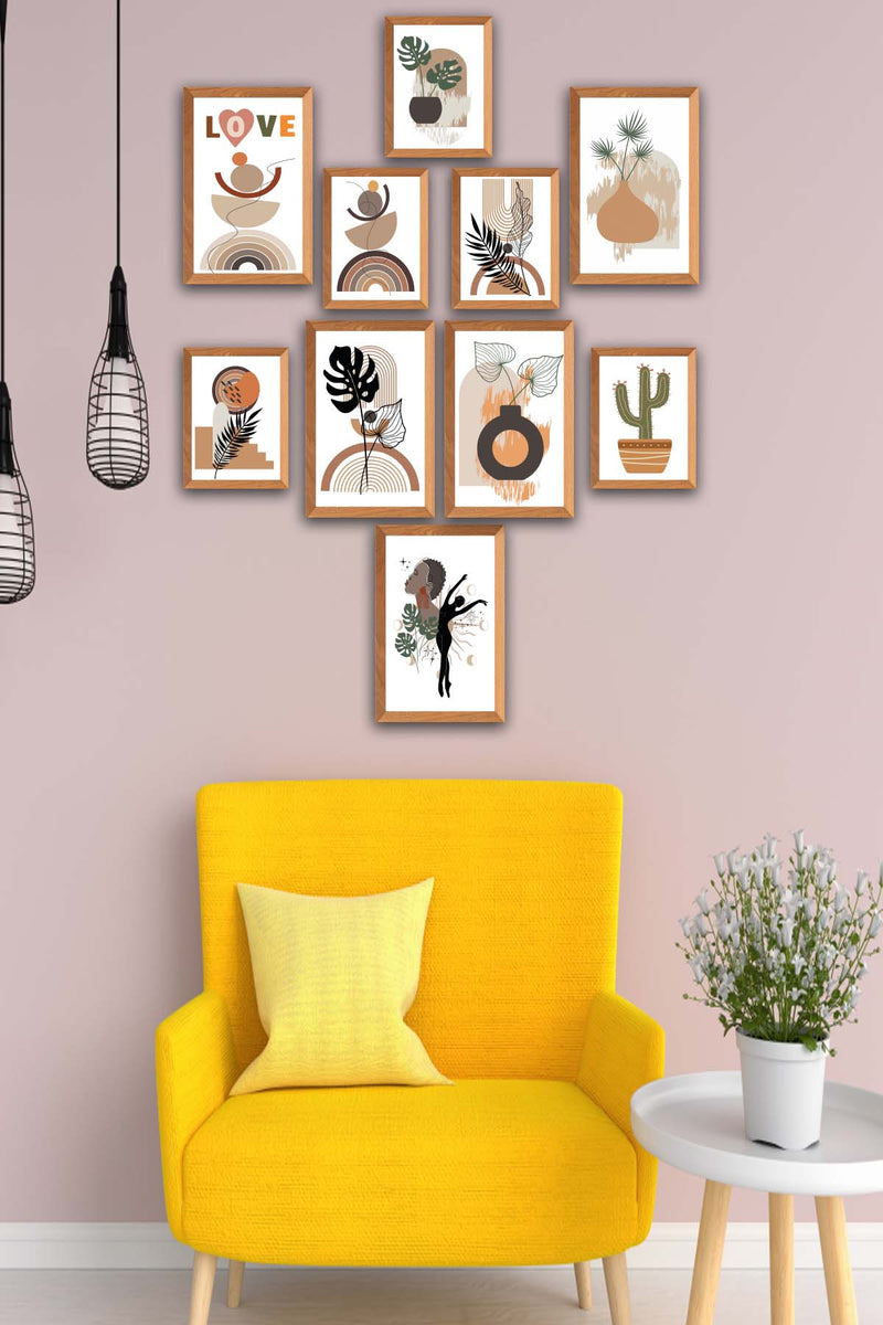 10 Parça Botanic Ve Bohem Tarzda Sanatsal Ahşap Çerçeve Görünümlü Uv Baskı Mdf Tablo Seti Bonvagon