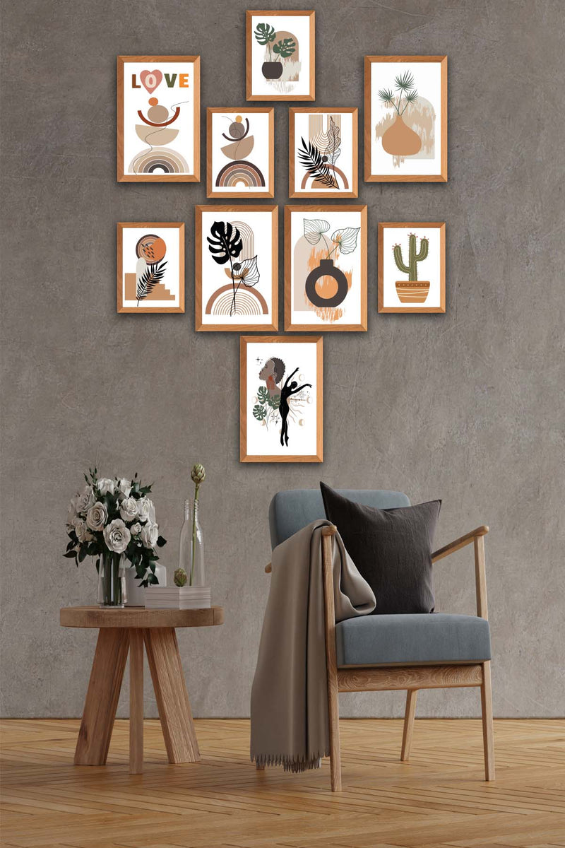 10 Parça Botanic Ve Bohem Tarzda Sanatsal Ahşap Çerçeve Görünümlü Uv Baskı Mdf Tablo Seti Bonvagon