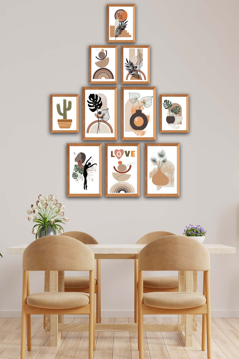 10 Parça Botanic Ve Bohem Tarzda Sanatsal Ahşap Çerçeve Görünümlü Uv Baskı Mdf Tablo Seti Bonvagon
