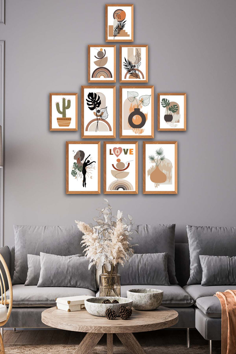 10 Parça Botanic Ve Bohem Tarzda Sanatsal Ahşap Çerçeve Görünümlü Uv Baskı Mdf Tablo Seti Bonvagon