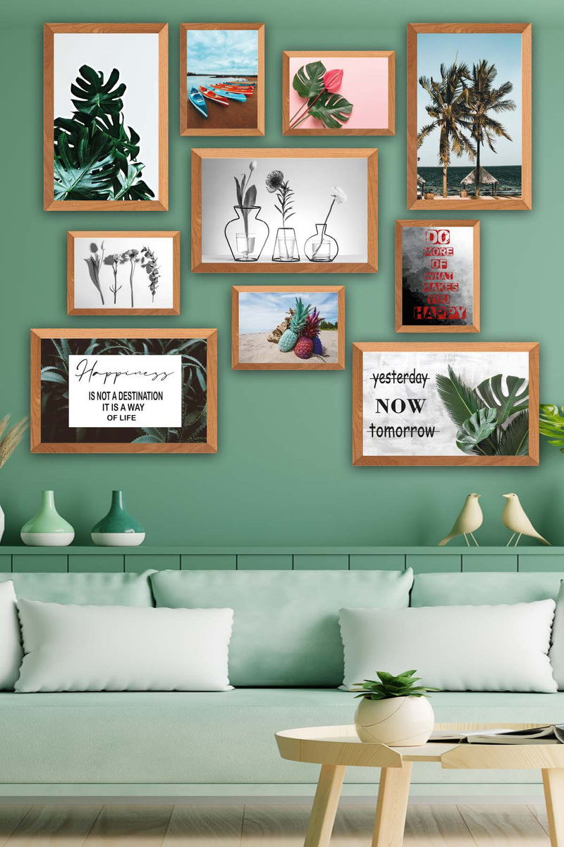 10 Parça Botanik Yaprak Modern Tarzda (Ahşap Çerçeve Görünümlü) Uv Baskı Tablo Seti Bonvagon