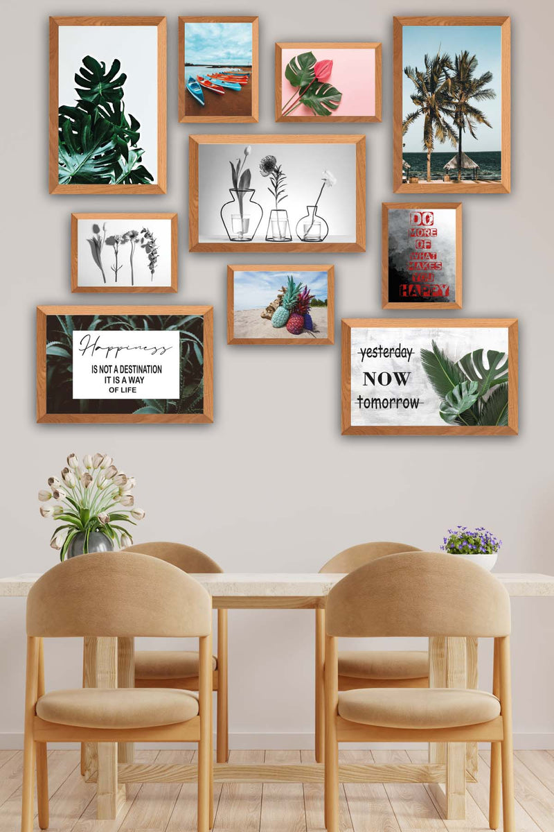 10 Parça Botanik Yaprak Modern Tarzda (Ahşap Çerçeve Görünümlü) Uv Baskı Tablo Seti Bonvagon