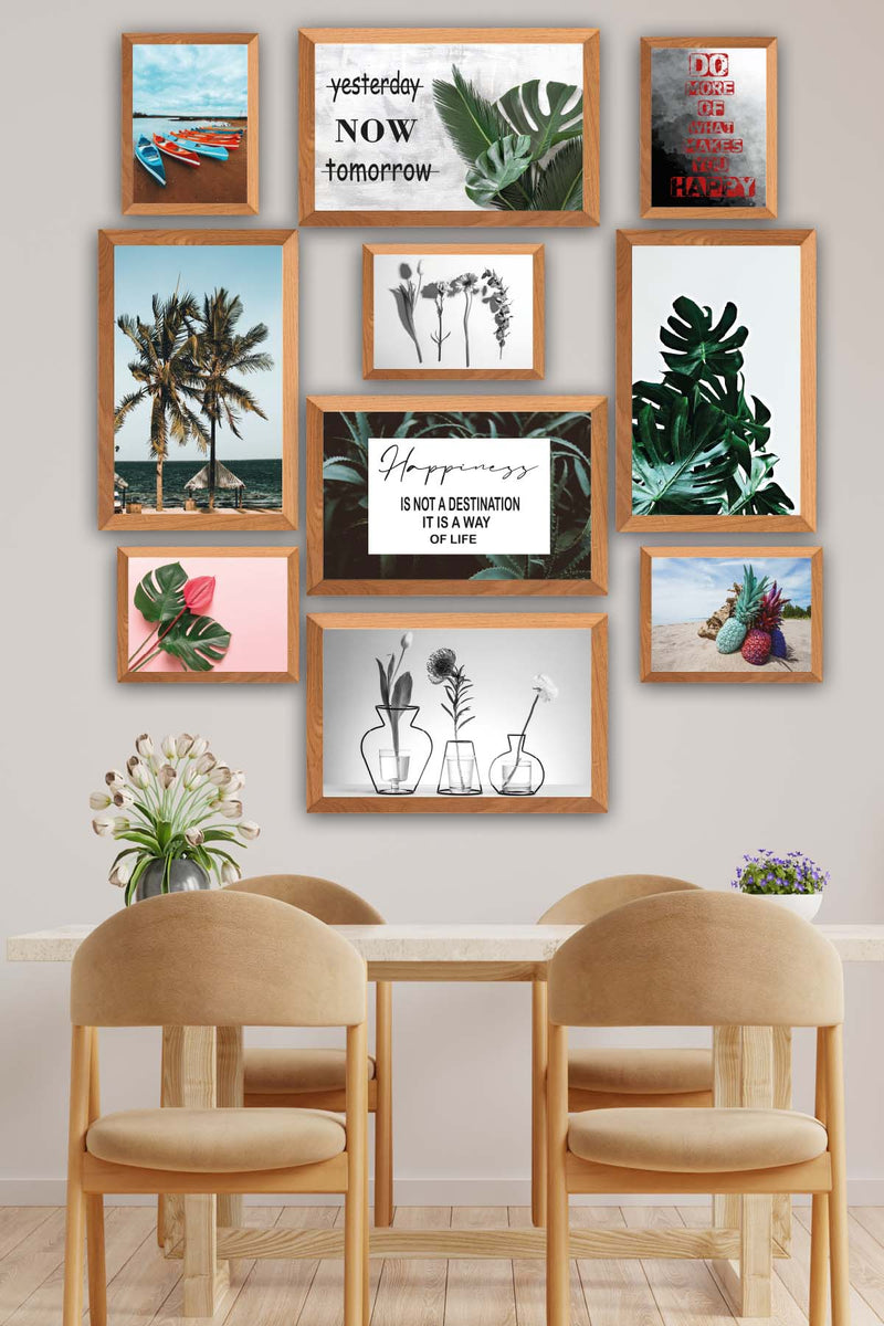 10 Parça Botanik Yaprak Modern Tarzda (Ahşap Çerçeve Görünümlü) Uv Baskı Tablo Seti Bonvagon