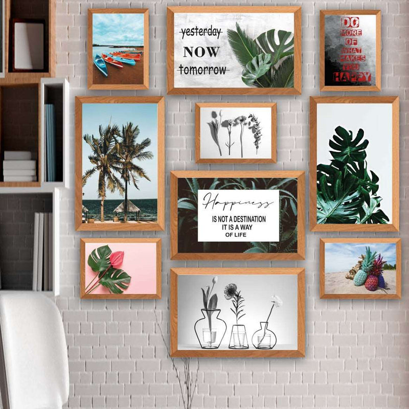 10 Parça Botanik Yaprak Modern Tarzda (Ahşap Çerçeve Görünümlü) Uv Baskı Tablo Seti Bonvagon