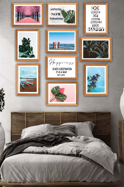 10 Parça Modern Botanik Yaprak Ve Yaz Manzarası (Ahşap Çerçeve Görünümlü) Uv Baskı Tablo Seti Bonvagon