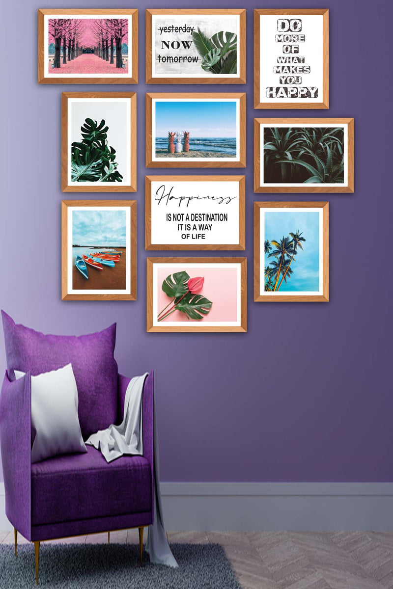 10 Parça Modern Botanik Yaprak Ve Yaz Manzarası (Ahşap Çerçeve Görünümlü) Uv Baskı Tablo Seti Bonvagon