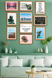 10 Parça Modern Botanik Yaprak Ve Yaz Manzarası (Ahşap Çerçeve Görünümlü) Uv Baskı Tablo Seti Bonvagon