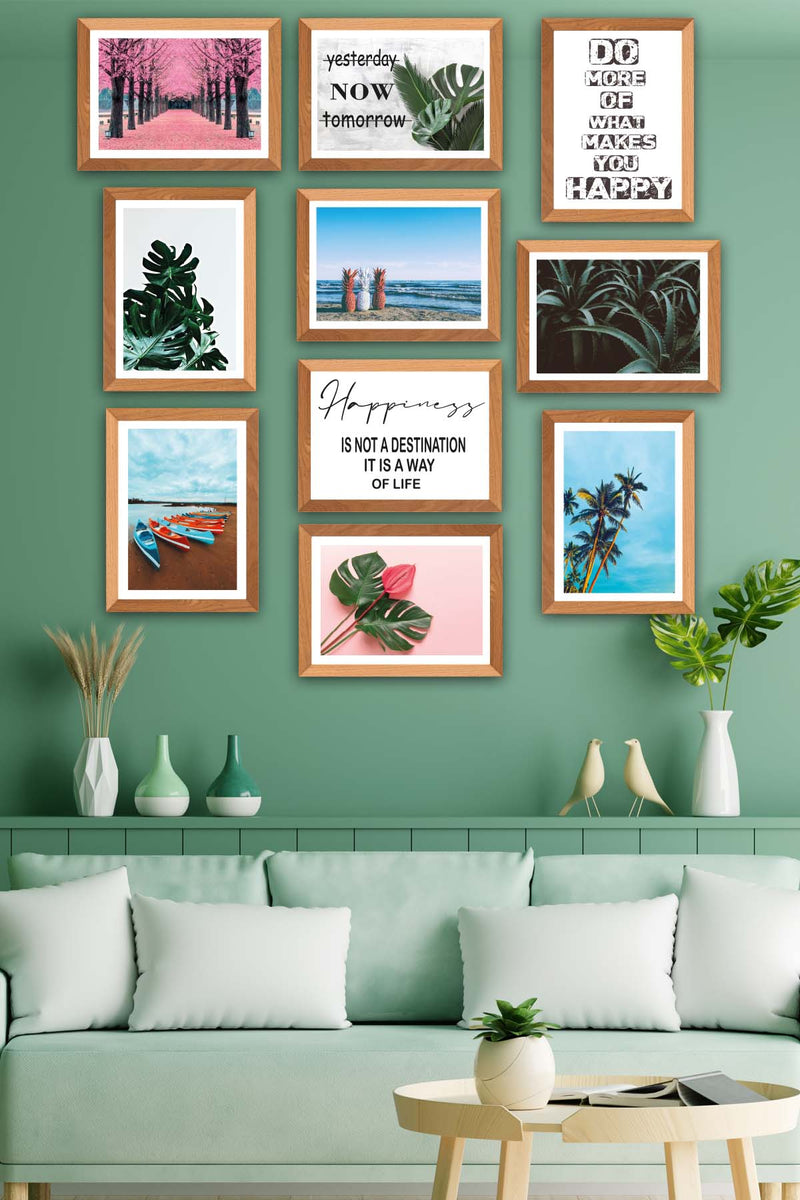 10 Parça Modern Botanik Yaprak Ve Yaz Manzarası (Ahşap Çerçeve Görünümlü) Uv Baskı Tablo Seti Bonvagon