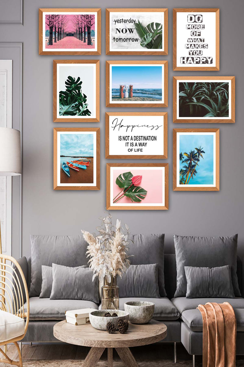 10 Parça Modern Botanik Yaprak Ve Yaz Manzarası (Ahşap Çerçeve Görünümlü) Uv Baskı Tablo Seti Bonvagon