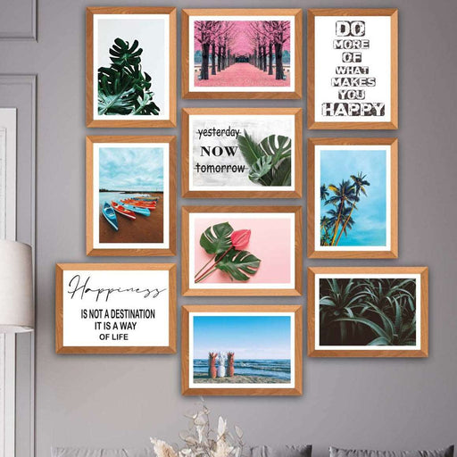 10 Parça Modern Botanik Yaprak Ve Yaz Manzarası (Ahşap Çerçeve Görünümlü) Uv Baskı Tablo Seti Bonvagon