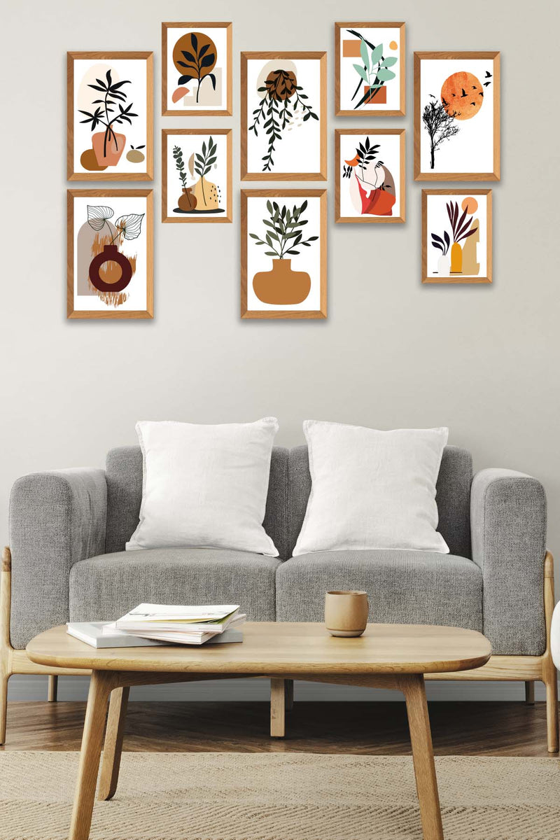 10 Parça Modern Sanatsal Bohem Tarzda (Ahşap Çerçeve Görünümlü) Uv Baskı Mdf Tablo Seti Bonvagon