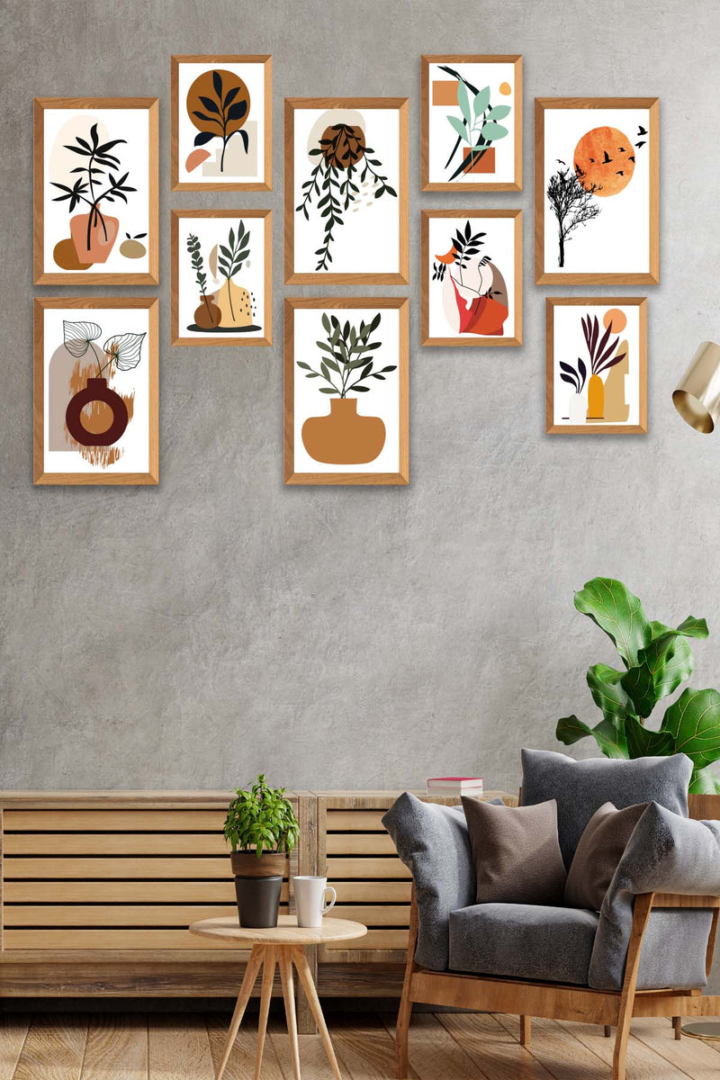 10 Parça Modern Sanatsal Bohem Tarzda (Ahşap Çerçeve Görünümlü) Uv Baskı Mdf Tablo Seti Bonvagon