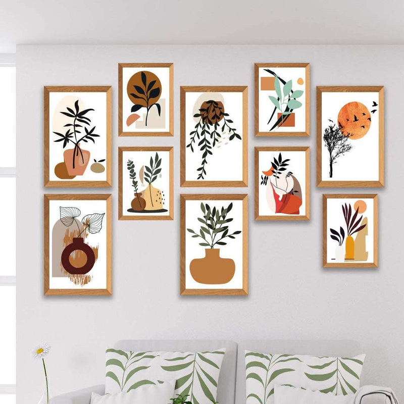 10 Parça Modern Sanatsal Bohem Tarzda (Ahşap Çerçeve Görünümlü) Uv Baskı Mdf Tablo Seti Bonvagon