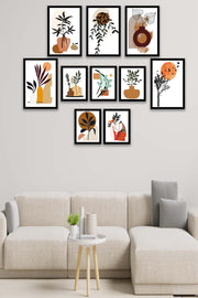10 Parça Modern Sanatsal Bohem Tarzda (Siyah Çerçeve Görünümlü) Uv Baskı Mdf Tablo Seti Bonvagon