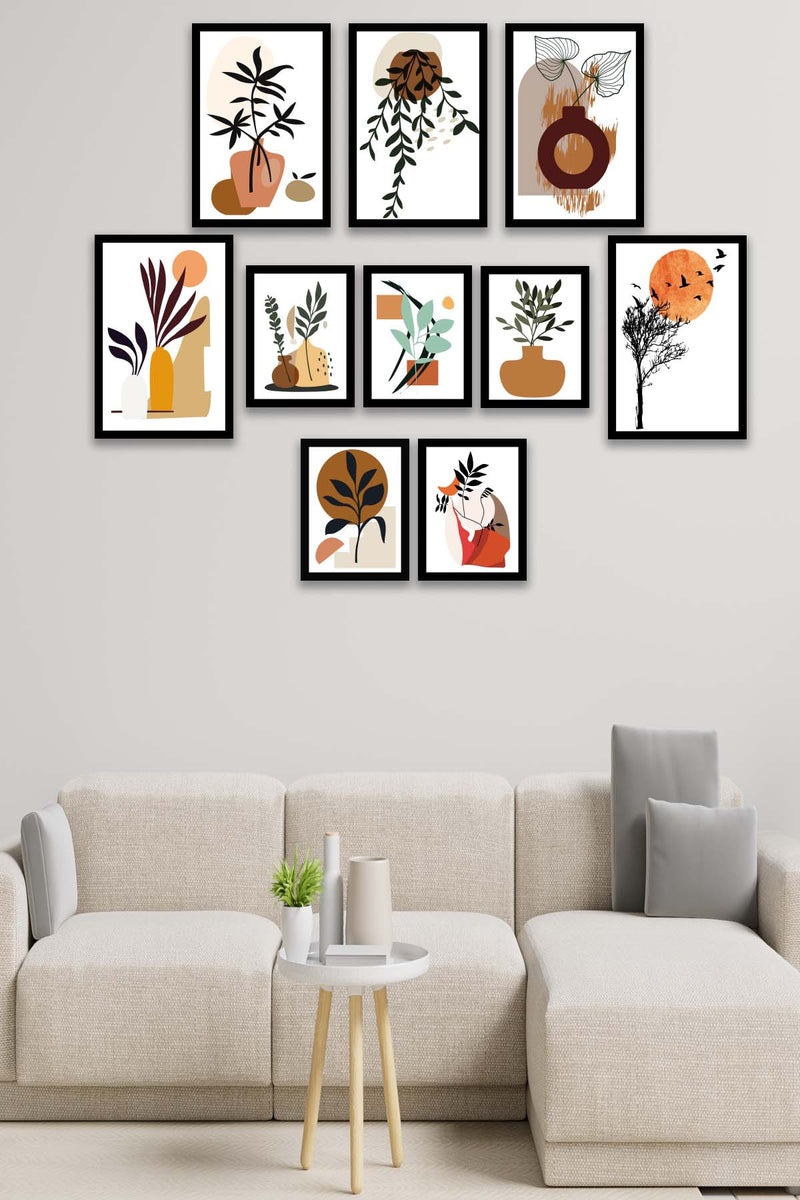 10 Parça Modern Sanatsal Bohem Tarzda (Siyah Çerçeve Görünümlü) Uv Baskı Mdf Tablo Seti Bonvagon