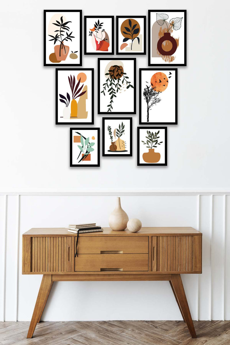 10 Parça Modern Sanatsal Bohem Tarzda (Siyah Çerçeve Görünümlü) Uv Baskı Mdf Tablo Seti Bonvagon
