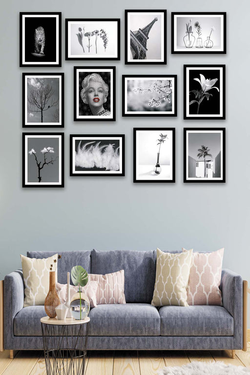 10 Parça Siyah Beyaz Modern Tarzda Siyah Çerçeve Görünümlü Mdf Tablo Seti Bonvagon