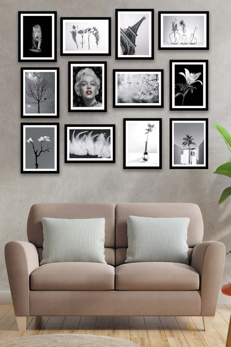 10 Parça Siyah Beyaz Modern Tarzda Siyah Çerçeve Görünümlü Mdf Tablo Seti Bonvagon