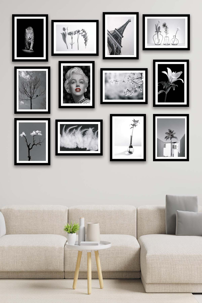 10 Parça Siyah Beyaz Modern Tarzda Siyah Çerçeve Görünümlü Mdf Tablo Seti Bonvagon