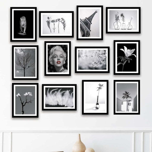 10 Parça Siyah Beyaz Modern Tarzda Siyah Çerçeve Görünümlü Mdf Tablo Seti Bonvagon