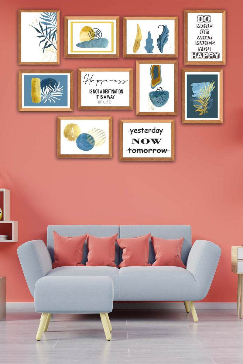 10 Parça Yazı Ve Bohem Tarzda (Ahşap Çerçeve Görünümlü) Uv Baskı Tablo Seti Bonvagon