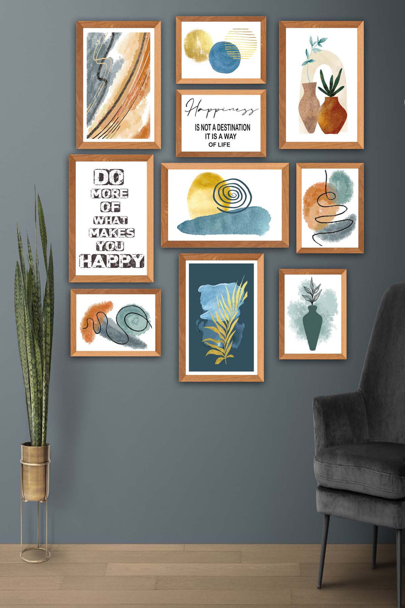 10 Parça Yazı Ve Suluboya Bohem Tarzda (Ahşap Çerçeve Görünümlü) Uv Baskı Tablo Seti Bonvagon