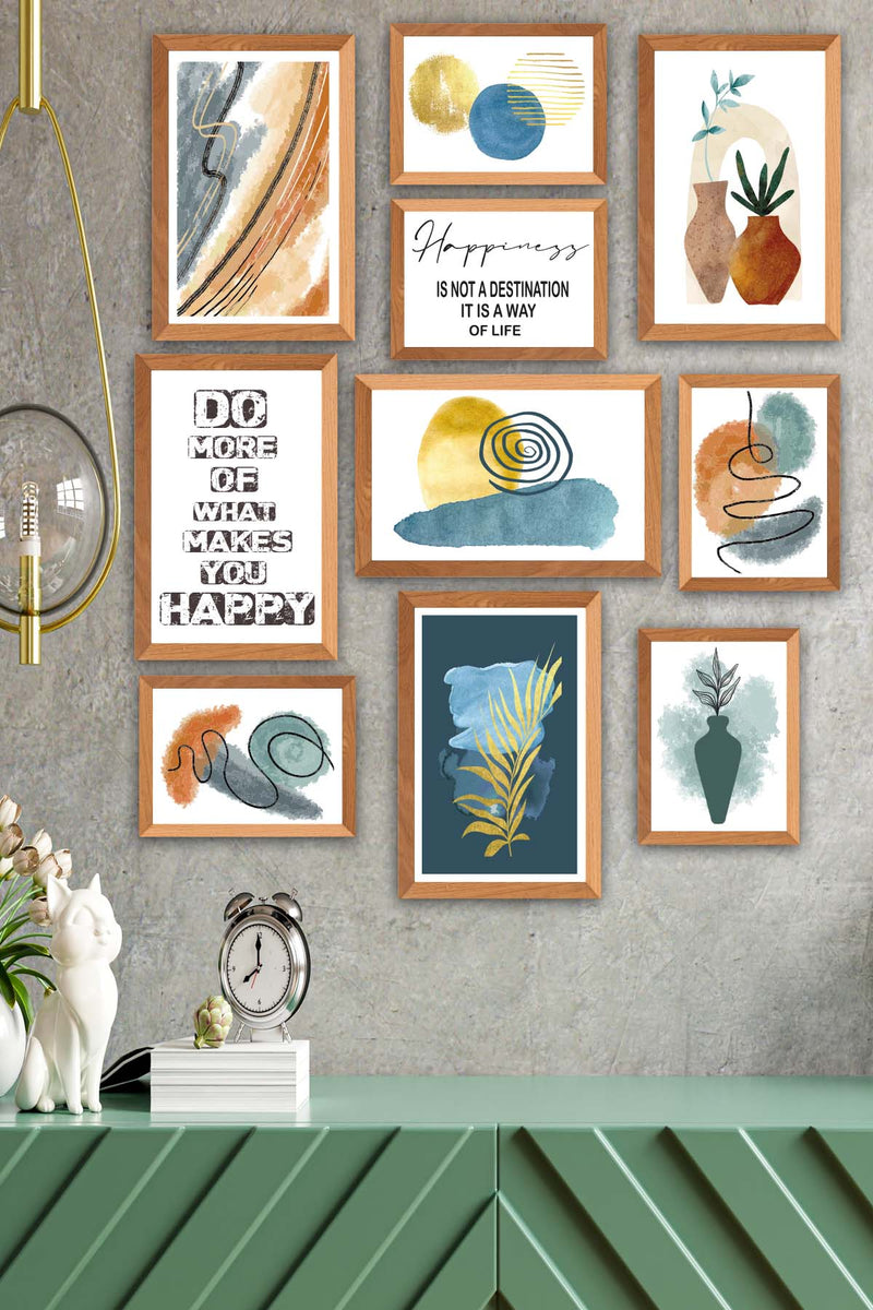 10 Parça Yazı Ve Suluboya Bohem Tarzda (Ahşap Çerçeve Görünümlü) Uv Baskı Tablo Seti Bonvagon