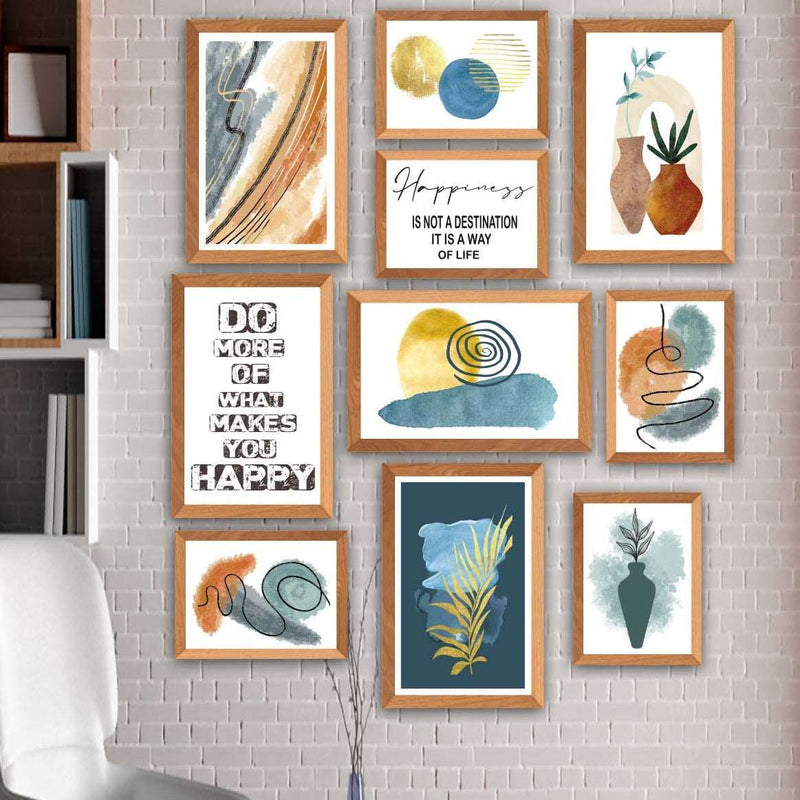 10 Parça Yazı Ve Suluboya Bohem Tarzda (Ahşap Çerçeve Görünümlü) Uv Baskı Tablo Seti Bonvagon