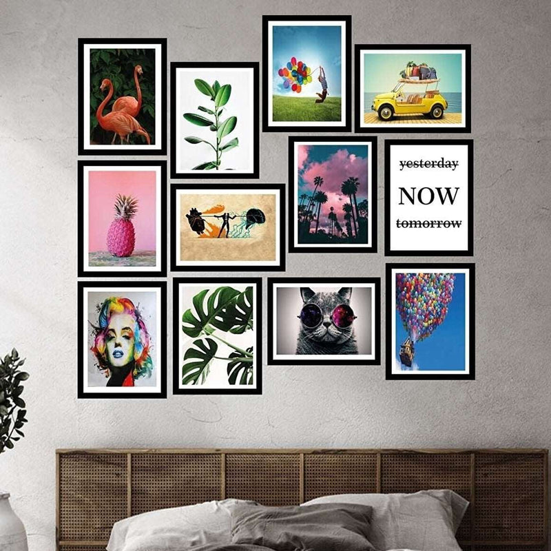 12 Parça Birbirinden Farklı Dijital Baskı Siyah Çerçeve Görünümlü Ahşap Tablo Seti Bonvagon