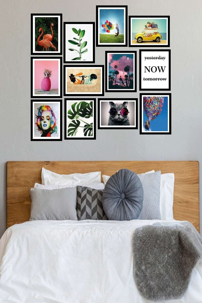 12 Parça Birbirinden Farklı Dijital Baskı Siyah Çerçeve Görünümlü Ahşap Tablo Seti Bonvagon