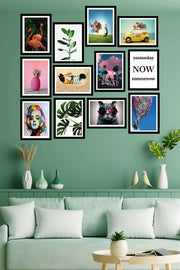 12 Parça Birbirinden Farklı Dijital Baskı Siyah Çerçeve Görünümlü Ahşap Tablo Seti Bonvagon