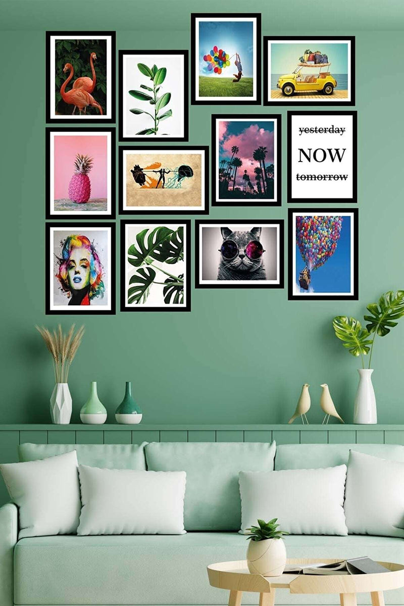 12 Parça Birbirinden Farklı Dijital Baskı Siyah Çerçeve Görünümlü Ahşap Tablo Seti Bonvagon