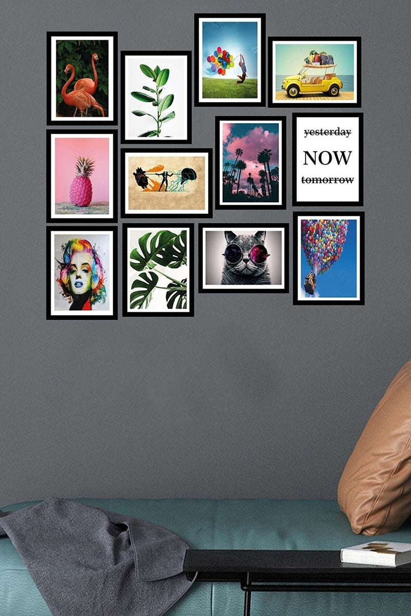 12 Parça Birbirinden Farklı Dijital Baskı Siyah Çerçeve Görünümlü Ahşap Tablo Seti Bonvagon