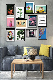 12 Parça Birbirinden Farklı Dijital Baskı Siyah Çerçeve Görünümlü Ahşap Tablo Seti Bonvagon