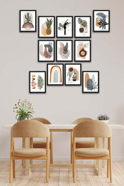 12 Parça Bohem Tarzda Sanatsal Siyah Çerçeve Görünümlü Uv Baskı Mdf Tablo Seti Bonvagon