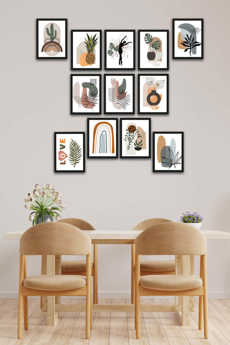 12 Parça Bohem Tarzda Sanatsal Siyah Çerçeve Görünümlü Uv Baskı Mdf Tablo Seti Bonvagon