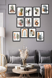 12 Parça Bohem Tarzda Sanatsal Siyah Çerçeve Görünümlü Uv Baskı Mdf Tablo Seti Bonvagon