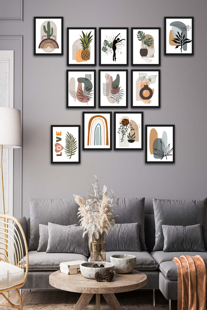 12 Parça Bohem Tarzda Sanatsal Siyah Çerçeve Görünümlü Uv Baskı Mdf Tablo Seti Bonvagon