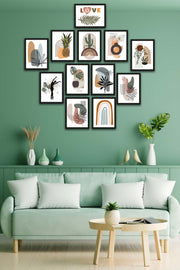 12 Parça Bohem Tarzda Sanatsal Siyah Çerçeve Görünümlü Uv Baskı Mdf Tablo Seti Bonvagon