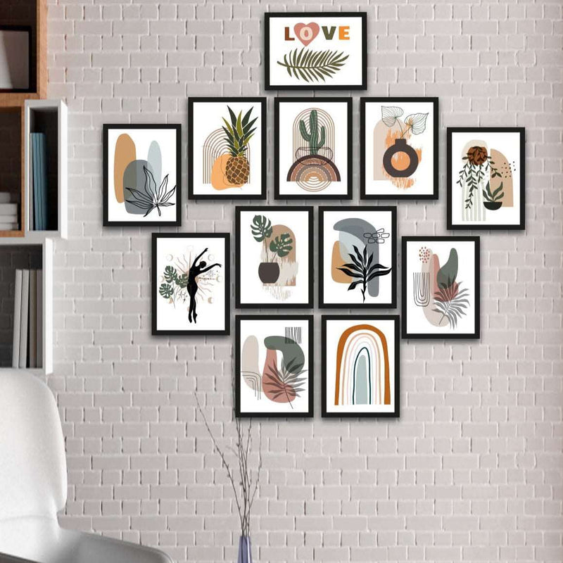 12 Parça Bohem Tarzda Sanatsal Siyah Çerçeve Görünümlü Uv Baskı Mdf Tablo Seti Bonvagon