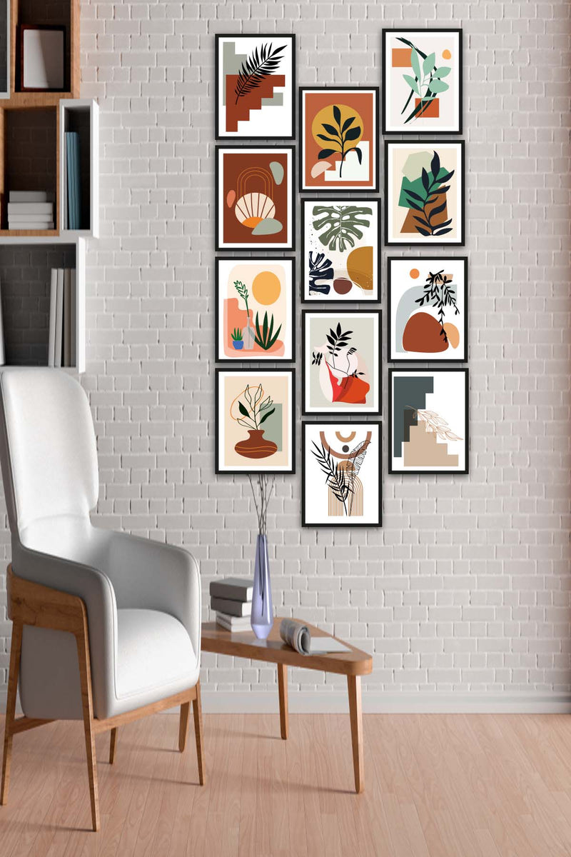 12 Parça Bohem Tarzında Siyah Çerçeve Görünümlü Uv Baskı Mdf Tablo Seti Bonvagon