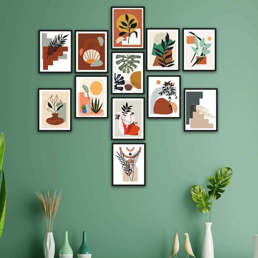 12 Parça Bohem Tarzında Siyah Çerçeve Görünümlü Uv Baskı Mdf Tablo Seti Bonvagon