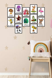12 Parça Çoçuk Odası Sevimli Hayvanlar Dijital Baskı Siyah Çerçeve Görünümlü Tablo Seti Bonvagon